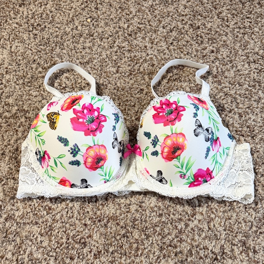 Victoria’s Secret Floral Lace Trim Push-Up Bra - White with Pink Flowers Sz 36C